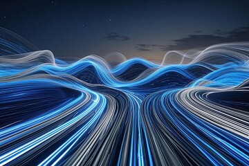 Innovative Electronic Scenery with a Flowing Array of Electric Blue and Gray Lines on a Nighttime Background