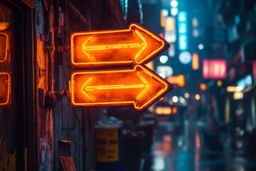 Poster - Neon arrows illuminate a wet street in a busy urban setting during nighttime