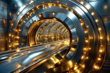 Poster - Illuminated metallic tunnel with vibrant lights and smooth track enhancing futuristic ambiance
