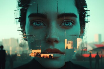 Aufkleber - Artistic representation of a woman's face blended with abstract cityscape at sunset
