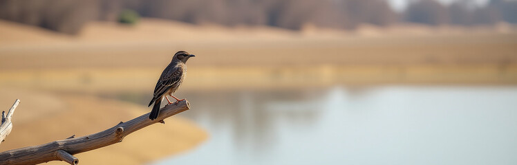 Wall Mural - a lone bird perched on a dry tree branch overlooking a dried up lake bed