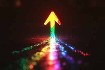 Poster - Colorful arrow reflecting light on a wet surface at night showcasing vibrant hues and artistic illumination