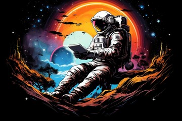 Wall Mural - stylish illustration astronaut in a spacesuit and helmet sits on alien planet surface reads a book