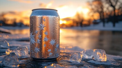 Poster - A cold metal can with frost beads stands prominently on a rocky surface as the sun sets behind a serene river. Surrounding melting ice adds a touch of winter beauty to the scene.