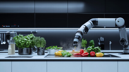 a robotic arm skillfully chops vibrant vegetables in a modern kitchen, surrounded by an array of fre