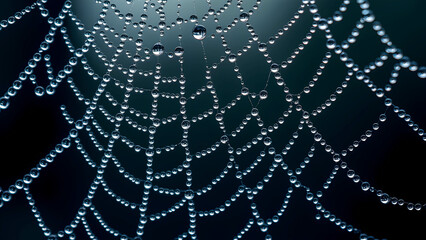 A stunning macro image of a spiderweb covered in glistening raindrops. Each droplet acts as a tiny lens, refracting light and creating a dreamy