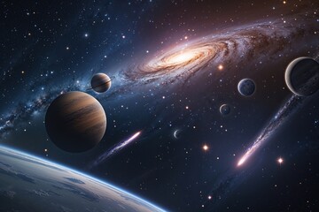 Wall Mural - dark galaxy scene featuring space background with planets stars and comets