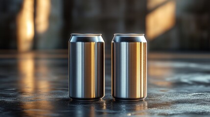 Leinwandbilder - Two sleek silver cans are placed side by side on a shiny, reflective surface. The warm light of late afternoon casts interesting shadows, highlighting their metallic finish.