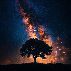 Wall Mural - stargazing under the cosmic sky with a silhouette of a tree in a serene night landscape. generative 