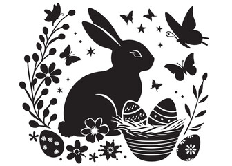 Wall Mural - vector rabbit black silhouette icon design illustration, bunny black silhouette vector logo, easter 