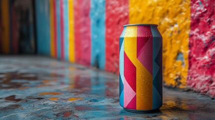 Leinwandbilder - A colorful beverage can with geometric patterns sits on a wet floor. The wall behind is painted with bright hues of red, blue, and yellow, creating a lively atmosphere.