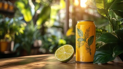 Poster - A bright yellow drink can rests on a wooden table beside a freshly cut lime. Lush green plants surround the scene, illuminated by warm, golden sunlight in the background.