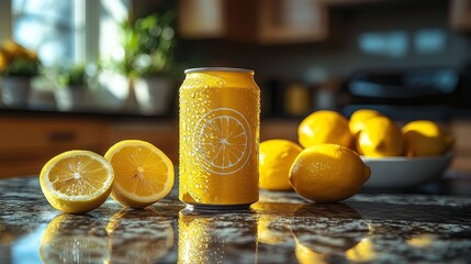 Poster - A bright kitchen features a condensation-covered yellow can of lemon-flavored drink beside freshly cut lemons. A bowl of whole lemons is visible in the background, enhancing the fresh vibe.