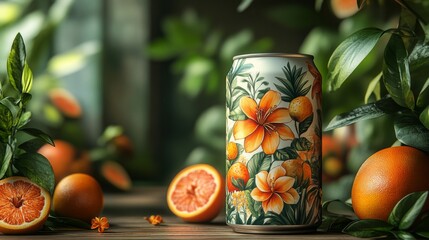Aufkleber - A beautifully designed beverage can features floral and fruit illustrations. Fresh oranges and green leaves surround the can, creating a refreshing atmosphere in soft lighting.