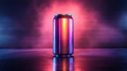 Leinwandbilder - A metallic can stands alone under a mix of purple and blue lights, creating an artistic and moody effect. The condensation on the surface adds a refreshing touch.