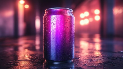 Poster - A colorful soda can stands prominently on a wet surface, glistening with droplets. Mysterious lights in the background create an energetic and vibrant environment.