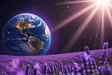 Wall Mural - lavender morning earth in space with sunlight and glowing atmosphere