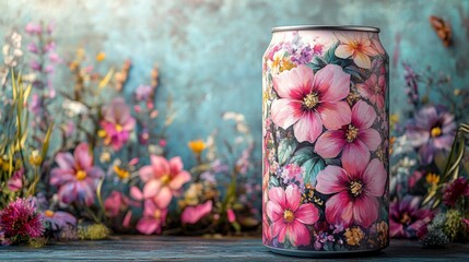 Poster - A vividly designed can features large pink and purple flowers set against a backdrop of bright wildflowers and lush greenery. This artistic composition evokes a joyful and stylish atmosphere.