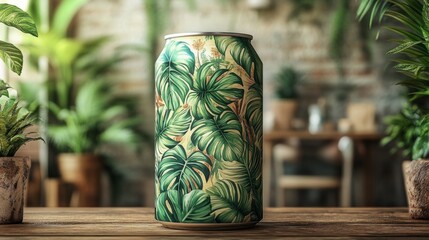 Aufkleber - A beautifully designed can adorned with tropical leaf patterns is displayed on a wooden table. The background features lush greenery and a warm, inviting atmosphere, creating a peaceful setting.