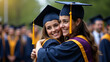 © Netaya - Young Female Graduate Embracing Her Mother at Graduation Ceremony: A Heartwarming Illustration of Achievement and Familial Support in Stock Photo with Space for Text