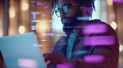 African American man with dreadlocks and glasses, black IT specialist writing code on laptop, purple holographic figures, abstract. Virtual technology software development concept with IT specialist.