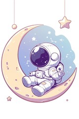 Wall Mural - adorable astronaut sitting on a crescent moon in space
