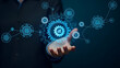 © Netaya - Hand Interacting with Holographic Digital Automation Interface: Gears, Data Analysis, and Optimization Icons for Business Automation in Empty Space - Stock Photo Concept