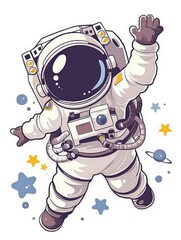 Wall Mural - a cartoon astronaut floating through space with stars and planets