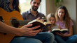 © Netaya - Flat Christian Family Worshiping at Home: Guitar, Bible, and Unity in Faith - A Cute Vector Illustration