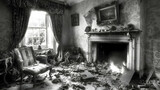 Fire-damaged Victorian living room; debris, fireplace flames; destruction; historical building interior; stock photo