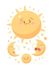 Wall Mural - Annoyed cartoon sun with quarreling moons illustration