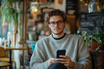 Man sitting in chair using cell. Vibrant cityscape visible through window behind him. Casual, modern interior setting with warm lighting.