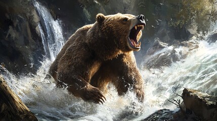massive grizzly bear standing on its hind legs roaring fiercely near a rushing river