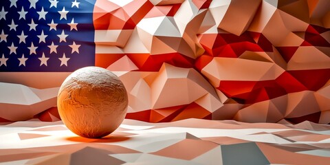 Wall Mural - A 3D abstract depiction of an orange sphere against a stylized backdrop of the American flag. The design features geometric shapes and warm colors. A modern art piece. AI