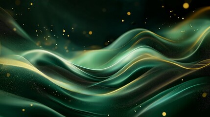 Wall Mural - abstract flowing waves in shades of emerald green and gold, glowing soft highlights, dreamy ethereal