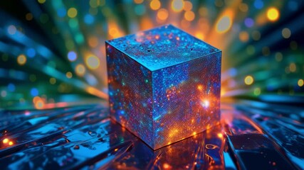 Fototapete - Colorful geometric cube with intricate patterns and reflections on a vibrant background showcasing light effects and dynamic energy in an abstract artistic composition