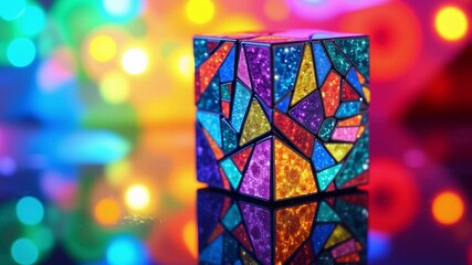 Fototapete - Colorful geometric cube with intricate patterns and reflections on a vibrant background showcasing light effects and dynamic energy in an abstract artistic composition
