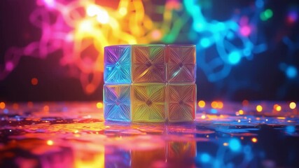 Fototapete - Colorful geometric cube with intricate patterns and reflections on a vibrant background showcasing light effects and dynamic energy in an abstract artistic composition