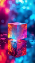 Fototapete - Colorful geometric cube with intricate patterns and reflections on a vibrant background showcasing light effects and dynamic energy in an abstract artistic composition