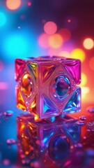 Fototapete - Colorful geometric cube with intricate patterns and reflections on a vibrant background showcasing light effects and dynamic energy in an abstract artistic composition