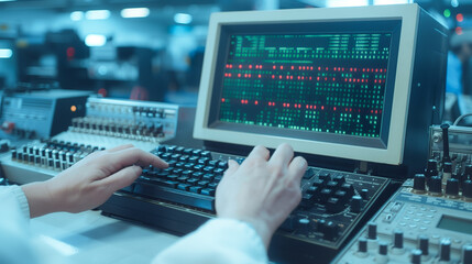 Wall Mural - code analysis: a researcher's hands poised over a vintage computer, the monitor displaying complex c