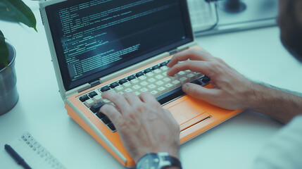 Wall Mural - coding excellence: a close-up shot of a professional coding, with illuminated screen displaying code