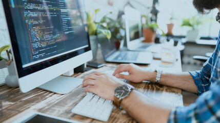 Wall Mural - digital world architect: a close-up of a male programmer's hands expertly navigating the digital lan