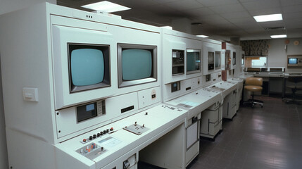 Wall Mural - vintage computer room: a view of a room filled with rows of classic, high-tech computer consoles and