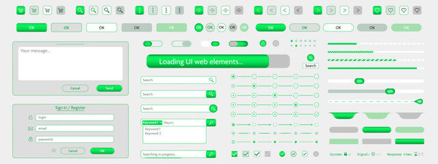 Wall Mural - Green 3d ui user interface webpage phone app button template vector design. Creative web application elements icons illustration set. 