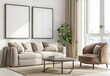 © kuuro - Modern living room interior with a beige sofa. armchair. coffee table. and two blank frames