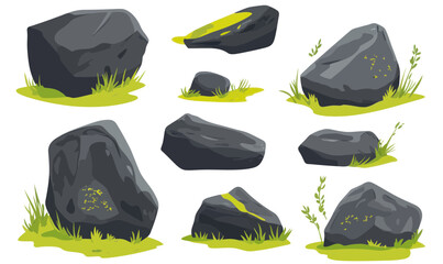 Wall Mural - minimalistic mossy rocks set vector illustration for nature and design themes