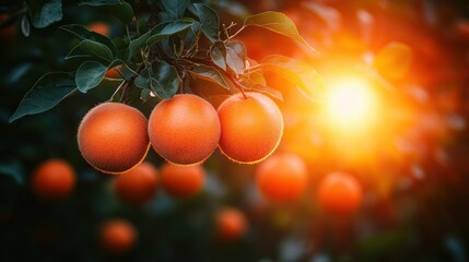 Ripe oranges on a tree branch at sunset