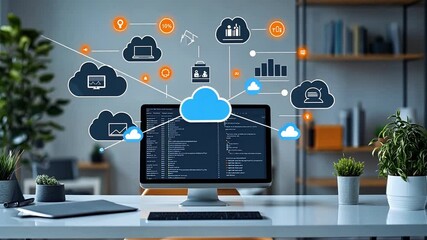 Wall Mural - modern workspace showcasing cloud computing concepts with plants and a computer in bright lighting