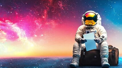 Wall Mural - Astronaut sitting on a suitcase reading a document in a colorful cosmic background